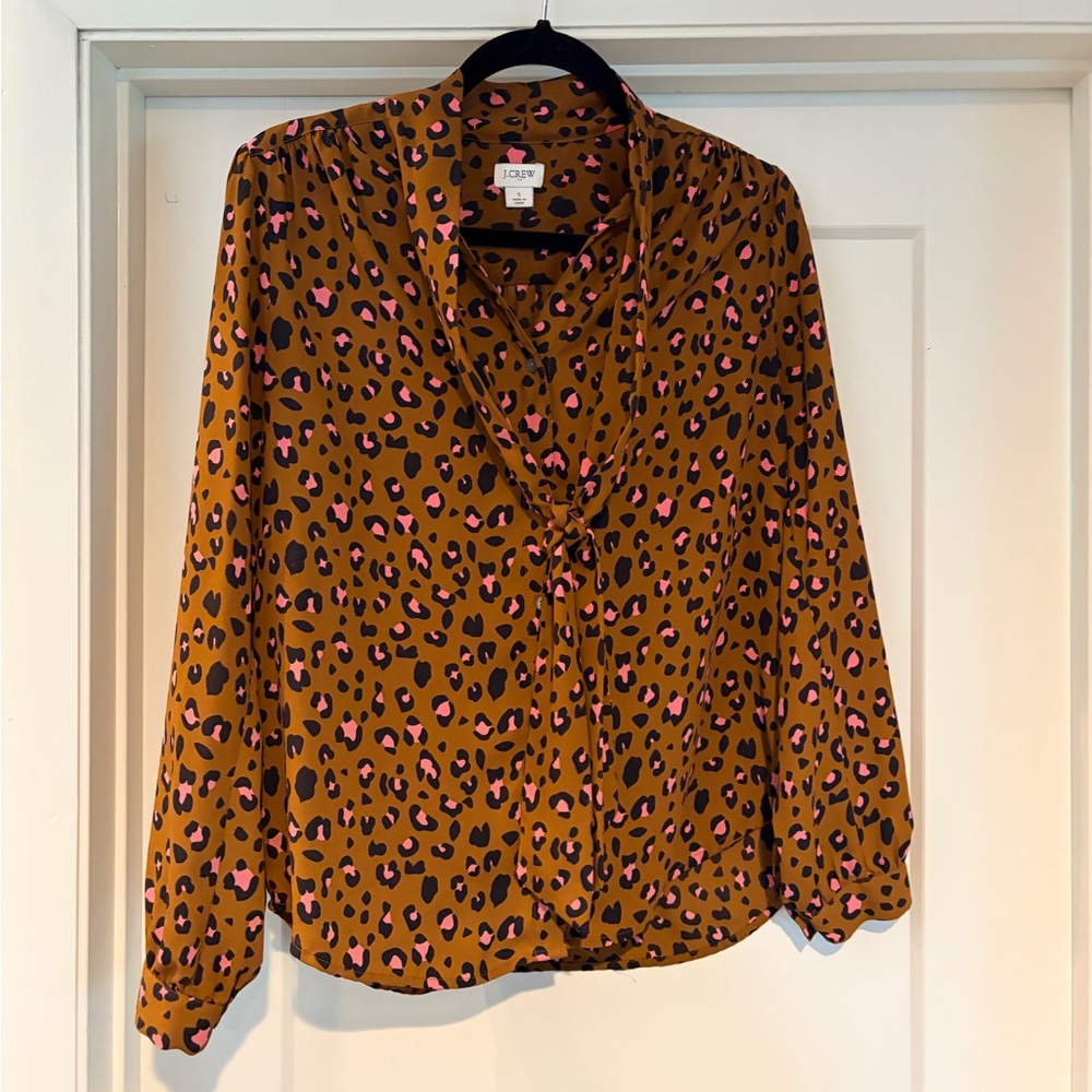 J. Crew Mustard Leopard-Print Tie-Neck Blouse with Pink Accents